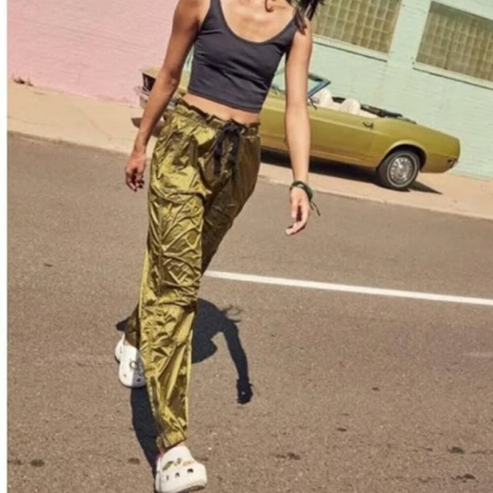 FP Movement Back to the Future Metallic Green Lightweight Parachute Pants XS